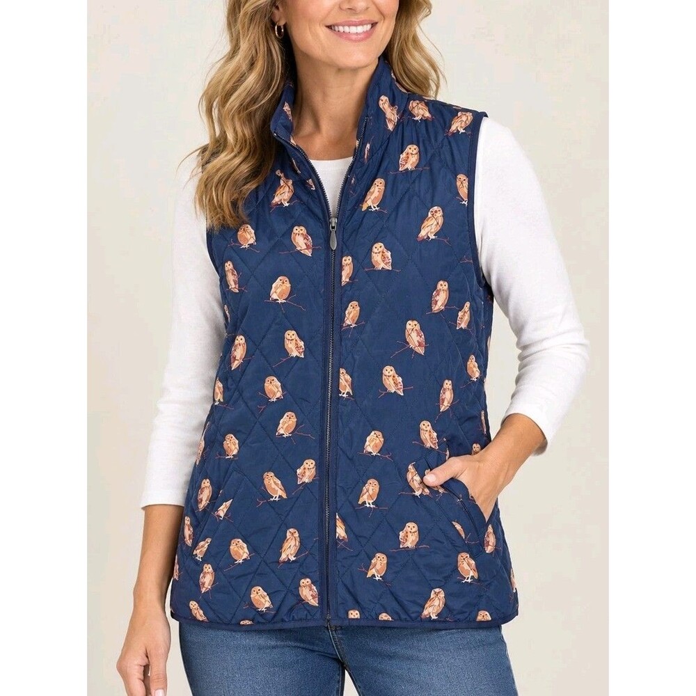 COLDWATER CREEK Womens Owl Print Full Zip Quilted Puffer Vest - M
